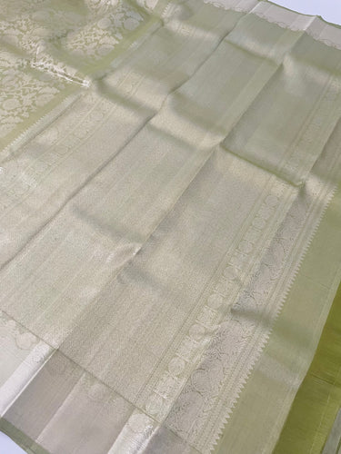 ShopNaya Exclusive | Metallic Kanchipuram Pure Silk Saree | Pastel Green | Pure Silver Zari | Handwoven | Ships from California